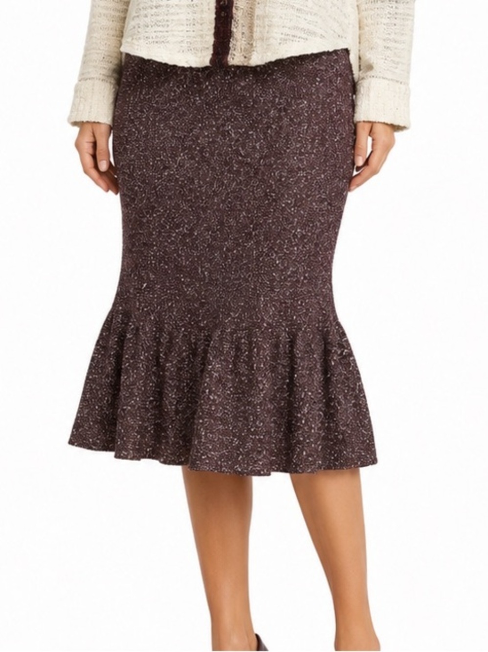 St. John Collection FA21 Textured Knit Flounce Midi Skirt XL Wool Alpaca